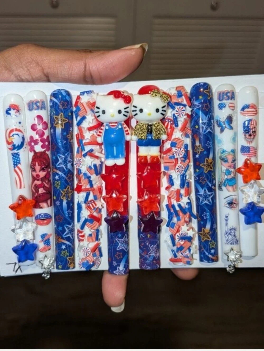 Hand CRAFTED 6XL Patriotic Red, White & Blue Press-On Nails - Star & Flag
